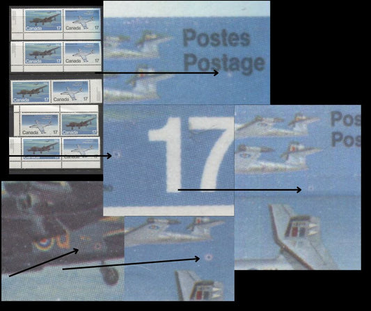 Lot 373 Canada #874a 17c Multicoloured, 1980 Military Aircraft Issue, 5 VFNH Horizontal Se-Tenant Pairs, All With Different Potentially Constant Varieties That Are Different From Other Lots, DF1/DF1 & DF1/DF2 Papers, Possibly Tertiary