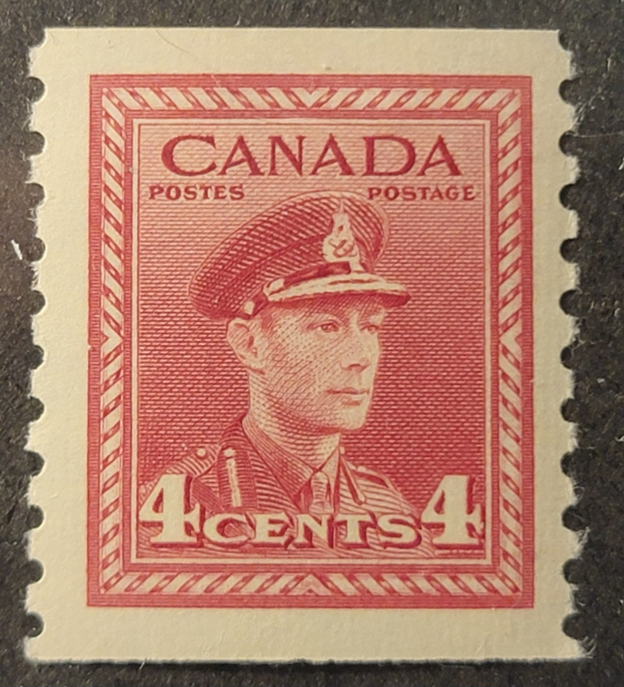 Lot 373 Canada (C) #281 4c Soft Carmine, 1948 KGVI War Issue Coils, A VFNH Coil Single, CBN-RRRRRR Paper, Perf 9.5 Vertical