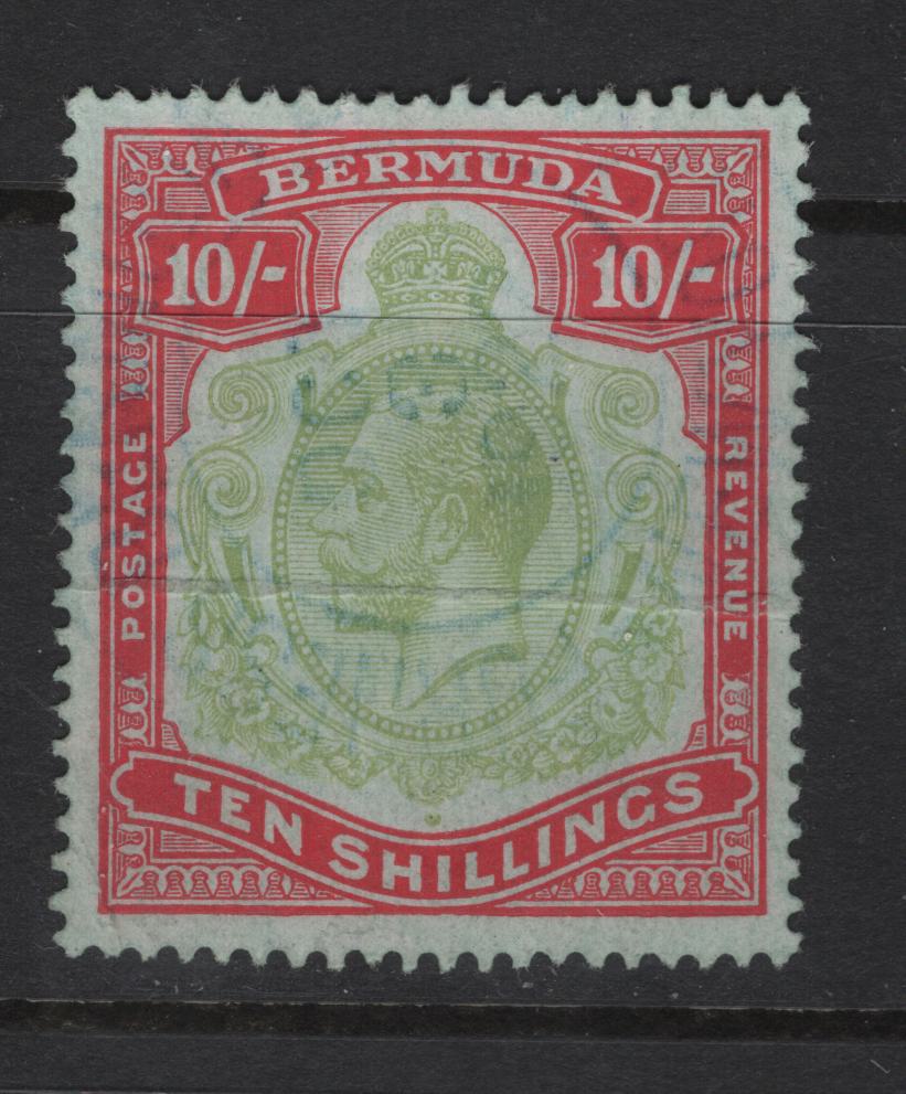 Lot 374 Bermuda (C)  SG#54c 10/- Green & Red King George V, 1918-1922 KGV Keyplate Issue, A Very Good Used Single, Pale Bluish Green Paper, Visible Crease, Multiple Crown CA Wmk.