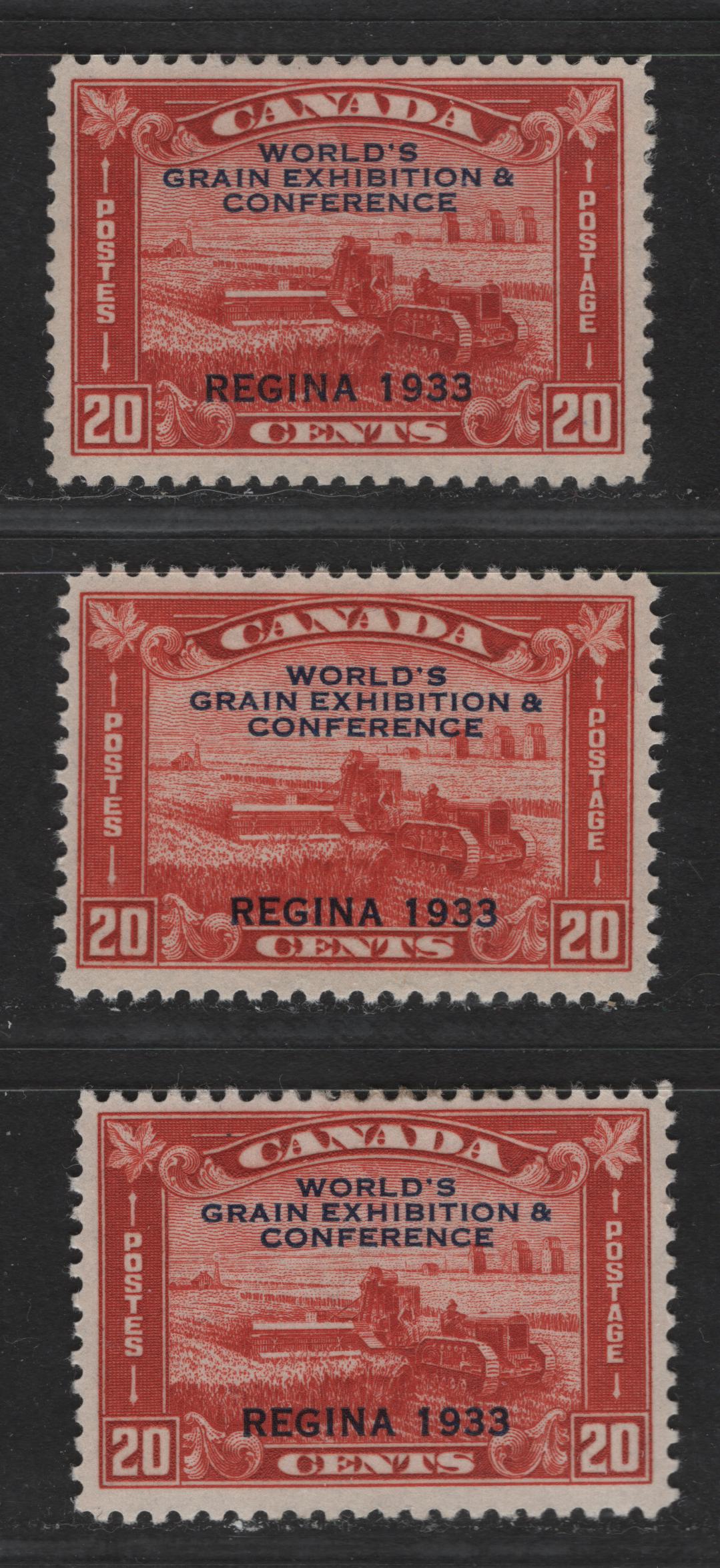 Canada #203 20c Vermilion Harvesting Wheat, 1933 Regina Grain Exhibition Issue, 3 VF Disturbed OG Singles On Three Different Printings With Slightly Different Shades & Gum Types