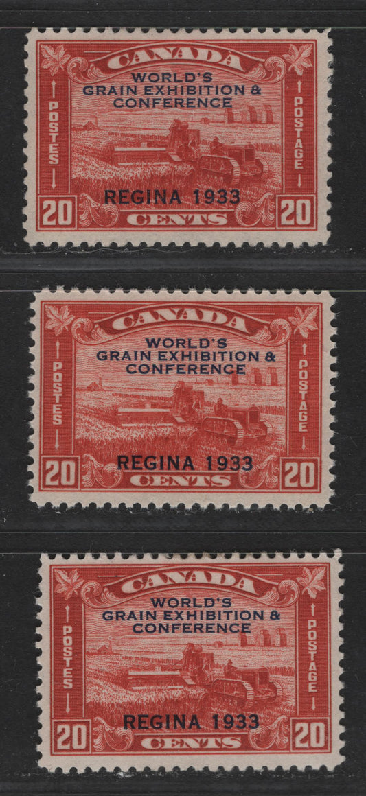 Canada #203 20c Vermilion Harvesting Wheat, 1933 Regina Grain Exhibition Issue, 3 VF Disturbed OG Singles On Three Different Printings With Slightly Different Shades & Gum Types