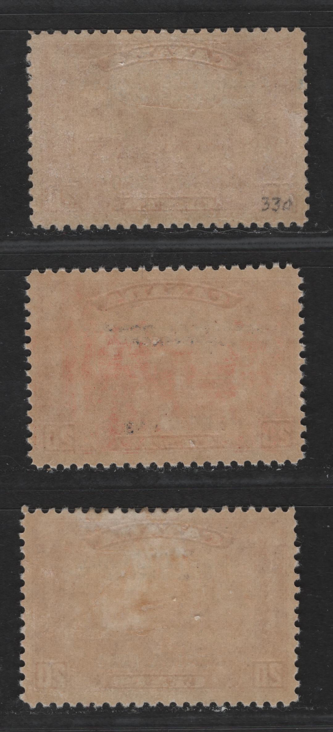 Canada #203 20c Vermilion Harvesting Wheat, 1933 Regina Grain Exhibition Issue, 3 VF Disturbed OG Singles On Three Different Printings With Slightly Different Shades & Gum Types