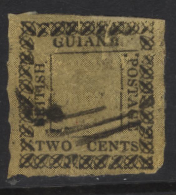 Lot 375 British Guiana (C) SG#10f 2c Yellow Ship, 1852 Crown Colony Issue, An Ungraded Used Single, A Reproduction Or Possible A Cutout of A Reproduction, Looks Real Until You Look At It Under Magnification