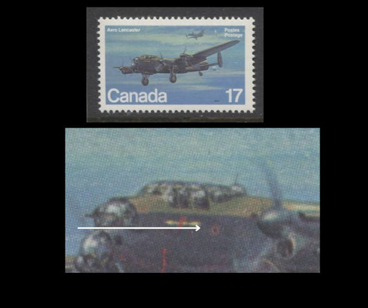 Lot 375 Canada #874ivar 17c Multicoloured Avro Lancaster , 1980 Military Aircraft Issue, A VFNH Single, Donut Flaw Below Cockpit (Pos. 6), LF3/LF3 Paper, Possibly Tertiary