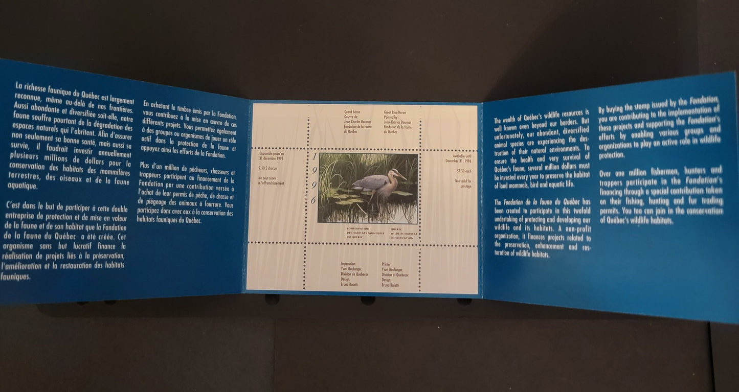 Lot 375 Canada - Province of Quebec #QW9  Multicoloured Great Blue Heron, 1996 Quebec Wildlife Habitat Conservation Issue, A VFNH Miniature Sheet Of 1 On HF Paper