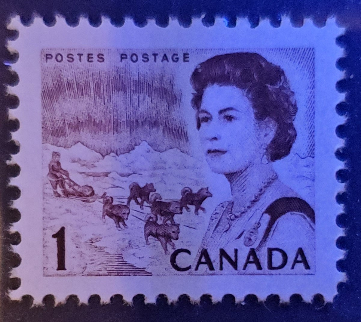 Lot 45 Canada #454pii 1c Brown Shade Northern Lights & Dogsled Team, 1967 - 1973 Centennial Definitives - Low Values Issue, A VFNH Single With WCB Tag, HB11 Streaky & Highly Glossy Dex, Brownish Shade