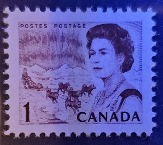 Lot 45 Canada #454pii 1c Brown Shade Northern Lights & Dogsled Team, 1967 - 1973 Centennial Definitives - Low Values Issue, A VFNH Single With WCB Tag, HB11 Streaky & Highly Glossy Dex, Brownish Shade