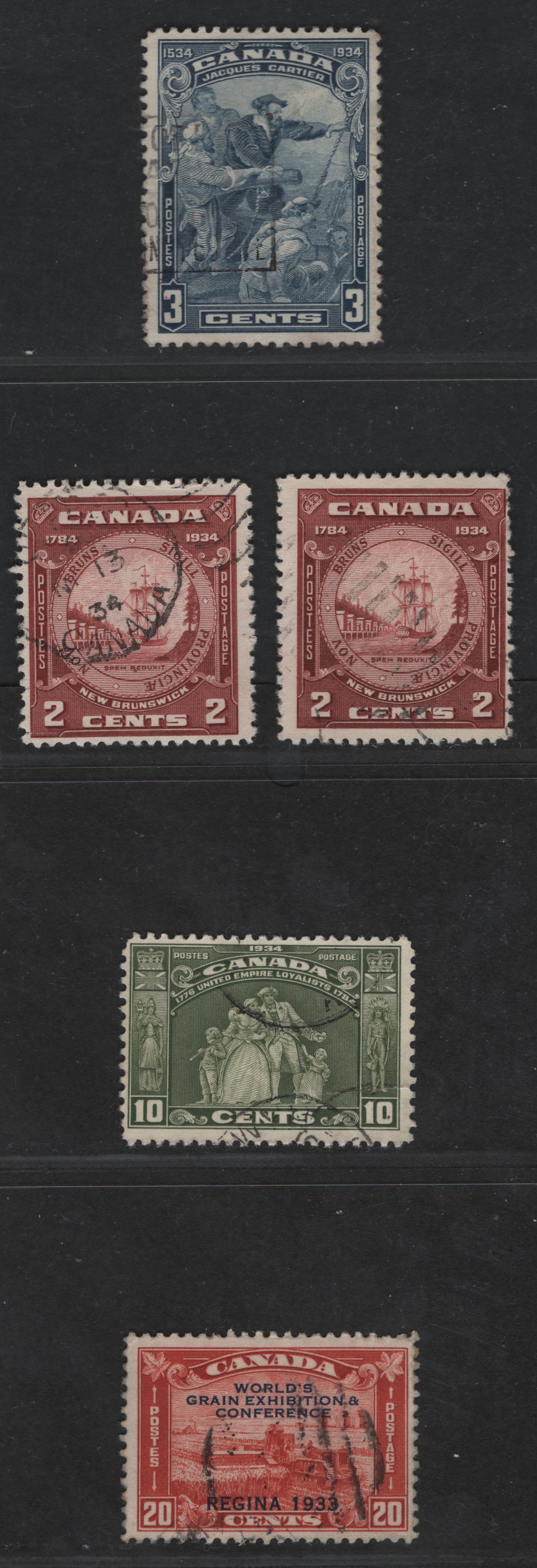 Canada #203, 208-210i 2c-20c Brownish Vermilion - Red Brown Harvesting Wheat - New Brunswick Seal, 1933-1934 Regina Grain Exhibition - 150th Anniversary of New Brunswick Issue, 5 Fine Used Singles