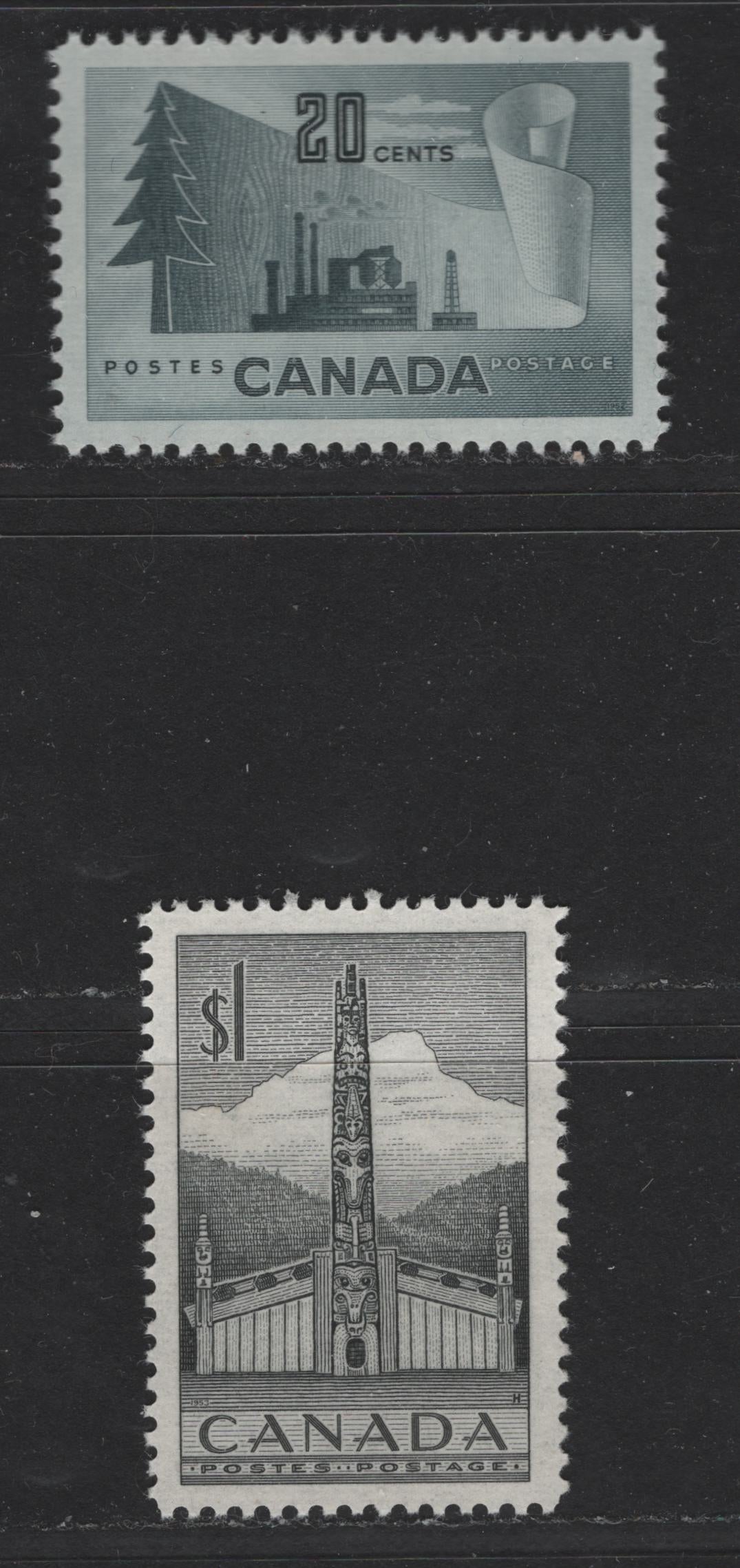 Canada #316, 321 20c, $1 Slate & Grey Black Newsprint Making & Totem Pole, 1952-1963 Karsh Issue, 2 VFNH Singles
