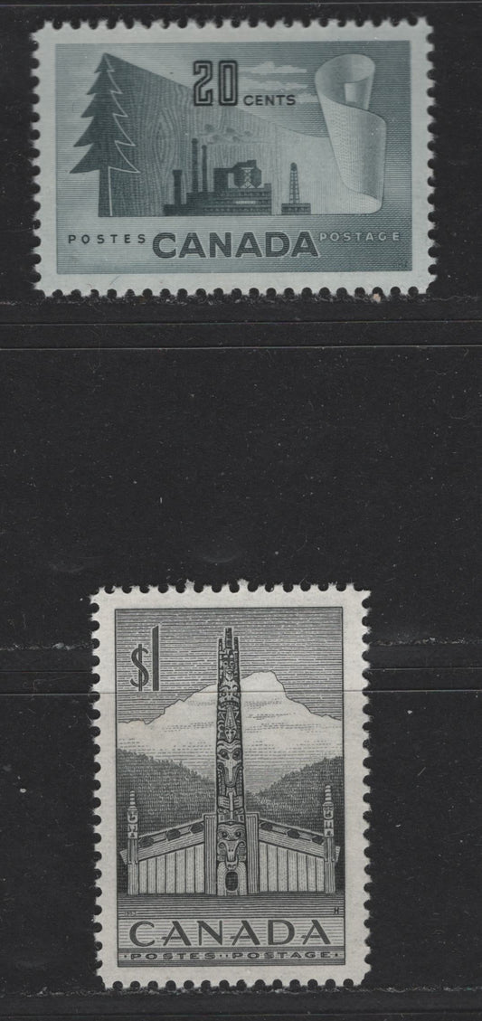 Canada #316, 321 20c, $1 Slate & Grey Black Newsprint Making & Totem Pole, 1952-1963 Karsh Issue, 2 VFNH Singles