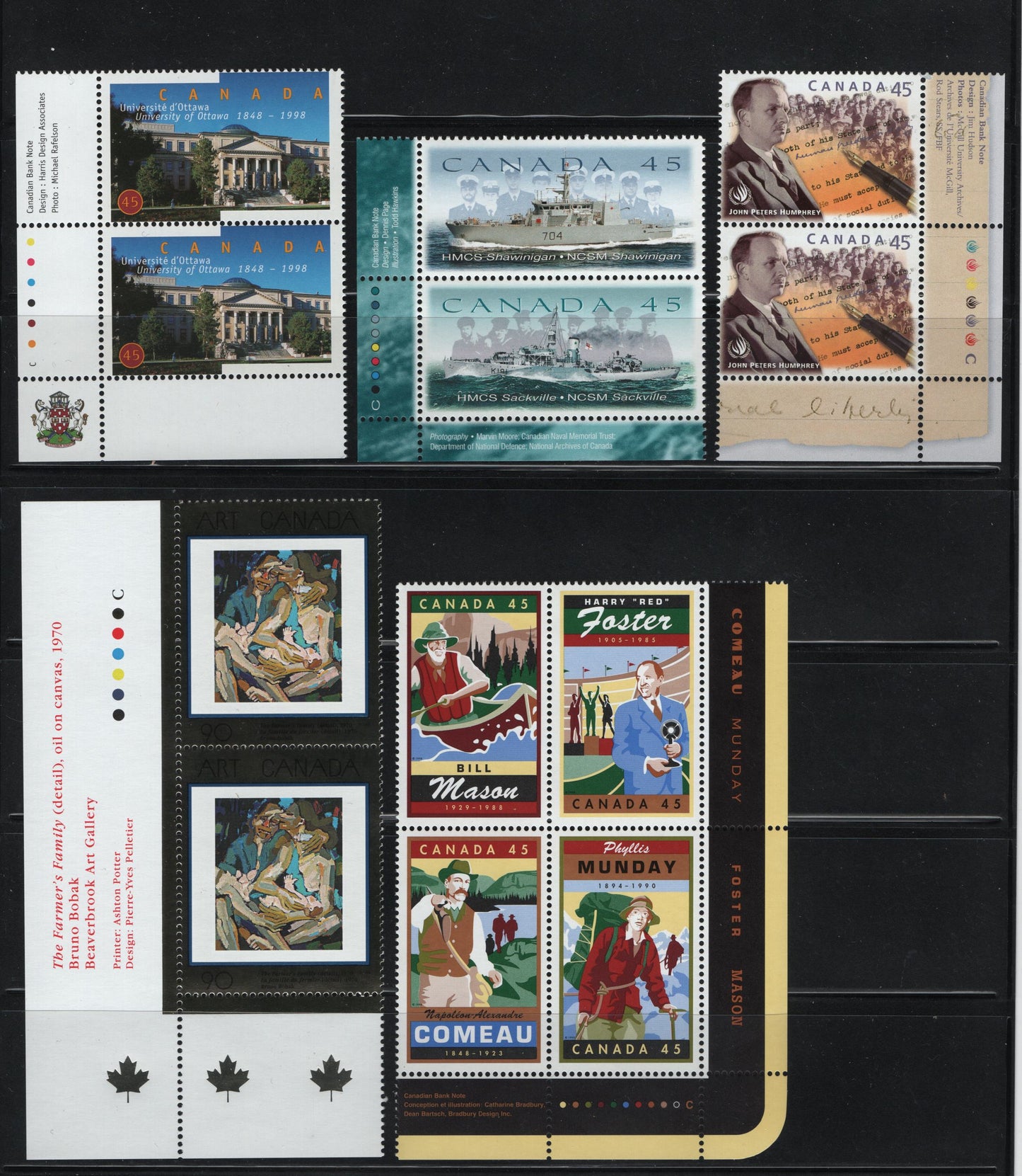 Canada #1753a-1754, 1756, 1761, 1763 45c Multicoloured Napoleon-Alexandre Comeau - HMSC Shawnigan, 1998 Legenday Canadians - Canadian Naval Reserve, 4 VFNH Inscription Pairs & Block