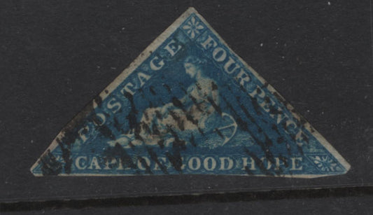 Lot 377 Cape Of Good Hope (C) SG#6a 4d Blue Reclining Hope, 1855-1863 Reclining Hope Issue, A Very Good Used Single, Perkins Bacon Printing, White Paper, Two Close But Clear Margins On Sides, Clear To Just Touching At Top, Though Not At Bottom.