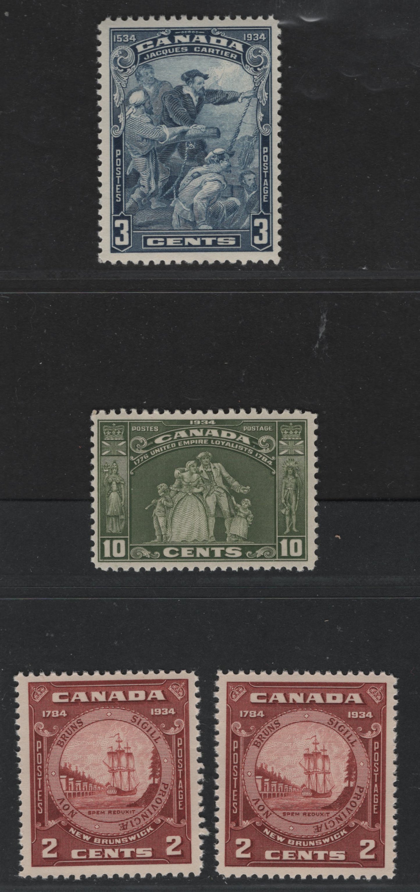 Canada #208-210i 2c-10c Red Brown - Olive Green Jacques Cartier - NB Seal, 1934 400th Anniversary Of Discovery of Canada - 150th Anniversary of Founding Of NB Issues, 4 VFNH Singles Including Both Normal & Closed Frameline Varieties