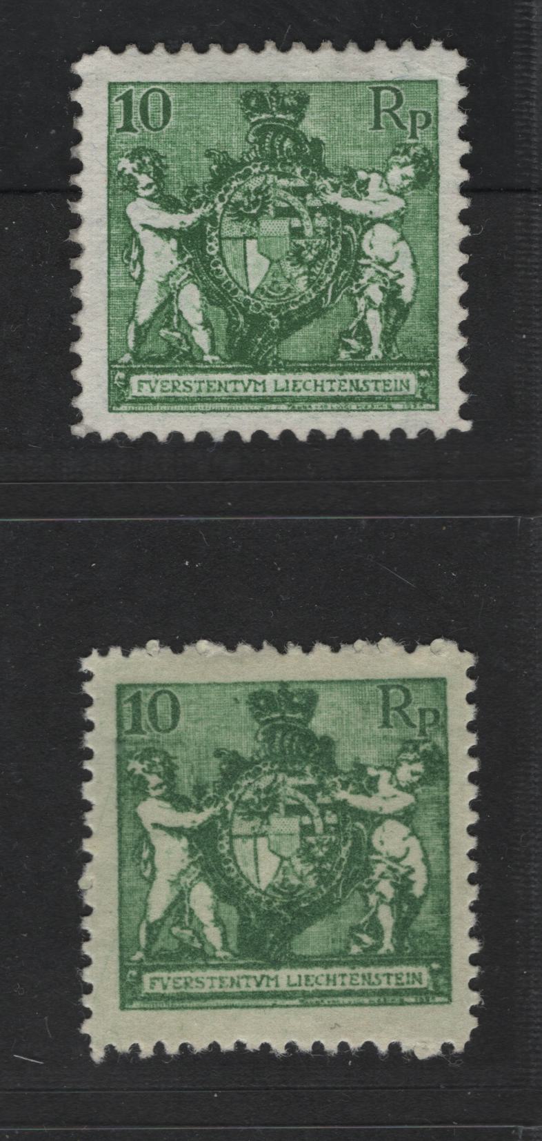 Lot 166 Liechtenstein #59-59a 10rp Yellow Green Arms With Supporters, 1921 Arms, Chapel & Vaduz Views Definitives, 2 VFOG Singles Perf. 12.5 & 9.5