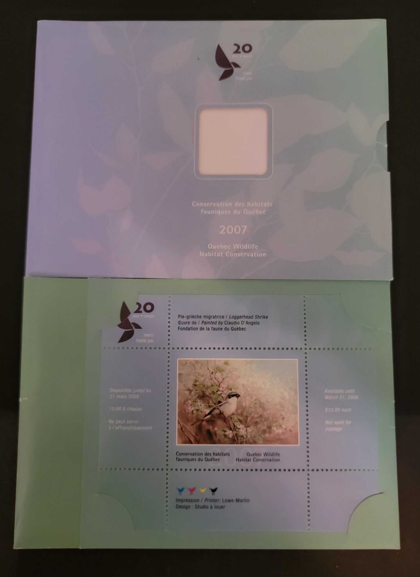 Lot 377 Canada - Province of Quebec #QW20  Multicoloured Loggerhead Shrike, 2007 Quebec Wildlife Habitat Conservation Issue, A VFNH Miniature Sheet Of 1 On LF Paper