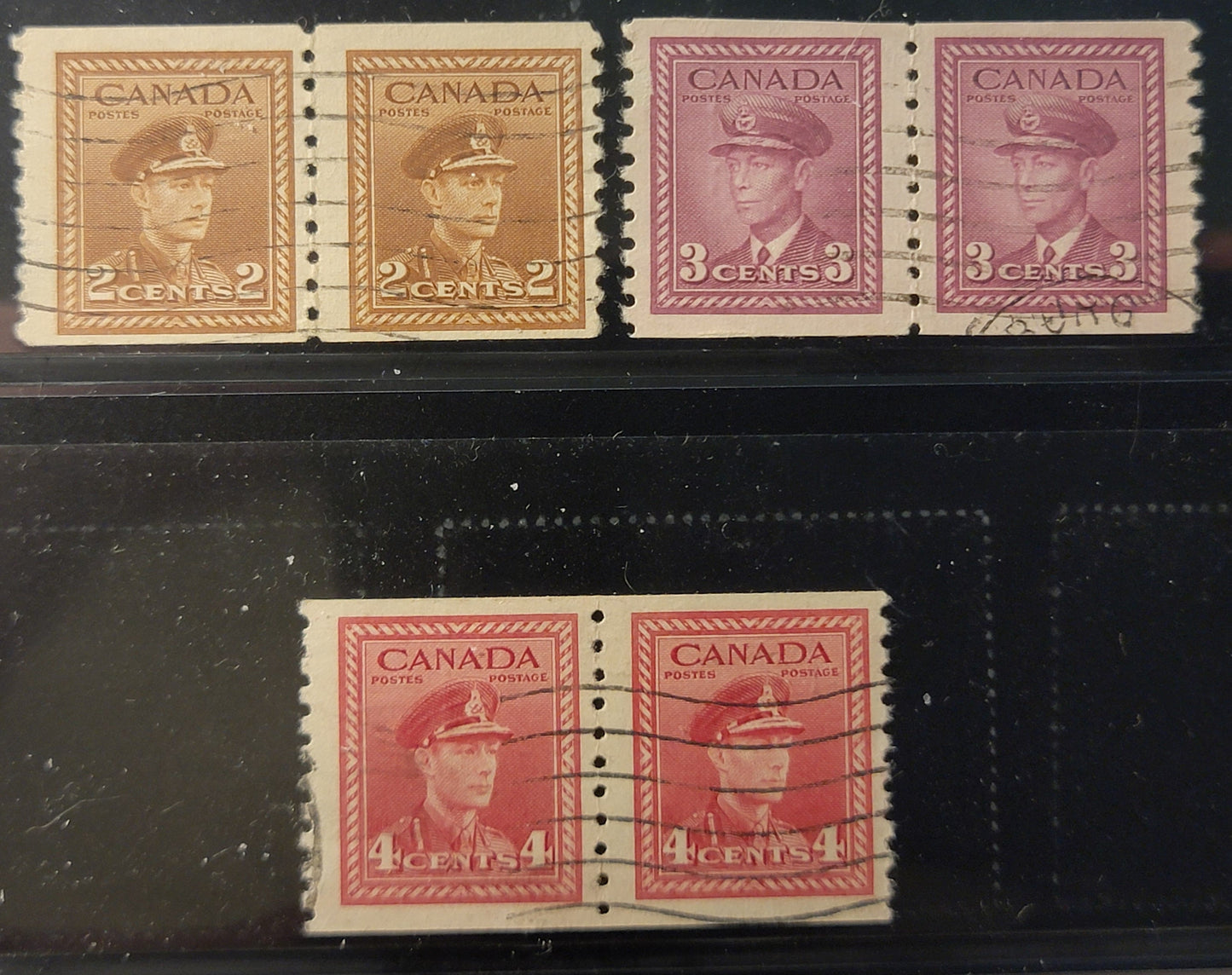 Lot 377 Canada #279-281 2c-4c Brown - Carmine Red, 1948 KGVI War Issue Coils, 3 Very Good/Fine Used Coil Pairs, CBN-QQQQQQ Papers, Perf 9.5 Vertical