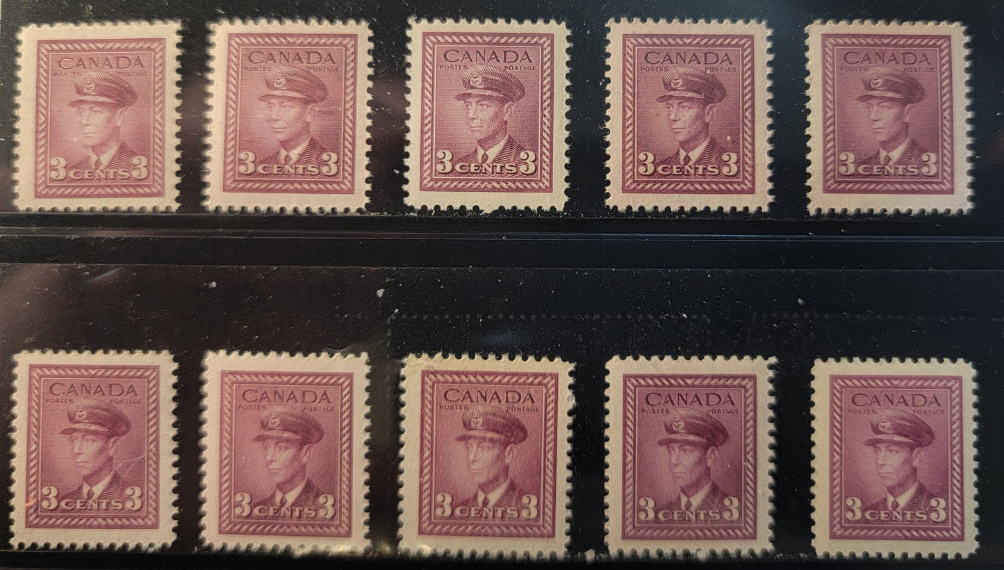 Lot 377 Canada SC#252 3c Rosy Purple, Light Reddish Rosy Purple & Light Rosy Purple King George VI, 1942-1949 War Issue, 10 VFNH Singles On Papers CBN-PPPP, CBN-OOOO, CBN-XXXXXX & CBN-FFFFF, Various Perfs