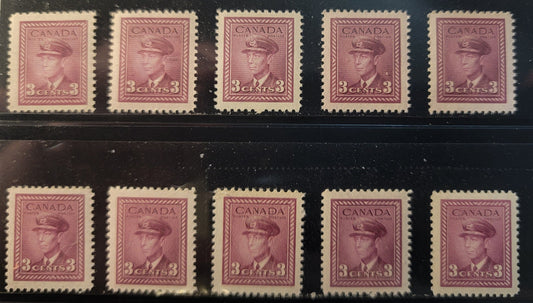Lot 377 Canada SC#252 3c Rosy Purple, Light Reddish Rosy Purple & Light Rosy Purple King George VI, 1942-1949 War Issue, 10 VFNH Singles On Papers CBN-PPPP, CBN-OOOO, CBN-XXXXXX & CBN-FFFFF, Various Perfs