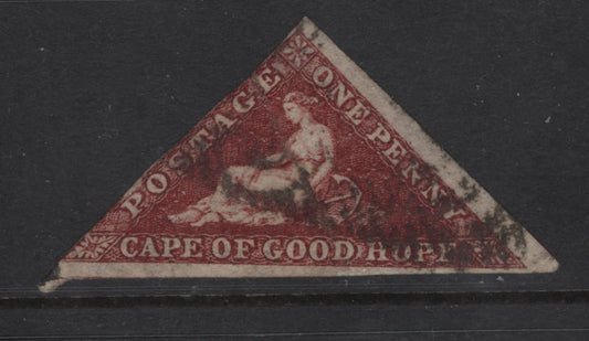 Lot 378 Cape Of Good Hope (C) SG#18a 1d Deep Carmine Red Reclining Hope, 1863-1864 Reclining Hope Issue, A Fine Used Single, Sideways Wmk, De La Rue Printing, Wide Margins On Bottom & Right To Just Touching At Left.