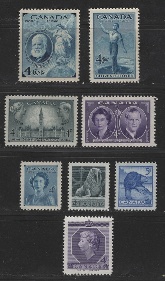 Canada #274/336 4c-5c Blue - Ultramarine Alexander Graham Bell - Beaver, 1947-1954 Alexander Graham Bell Birth Centenary - Nature Week Issue, 8 VFNH Singles