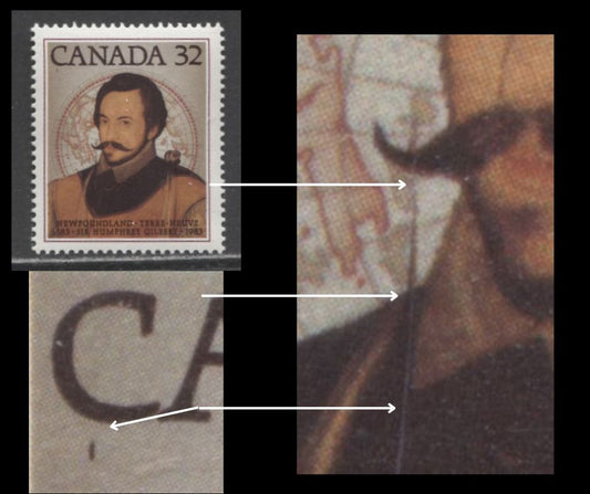 Lot 378 Canada #995var 32c Multicoloured Sir Humphrey Gilbert, 1983 Newfoundland Issue, A VFNH Single, Vertical Scratch Through Collar & Moustache And Vertical Dash Under "C" Of Canada
