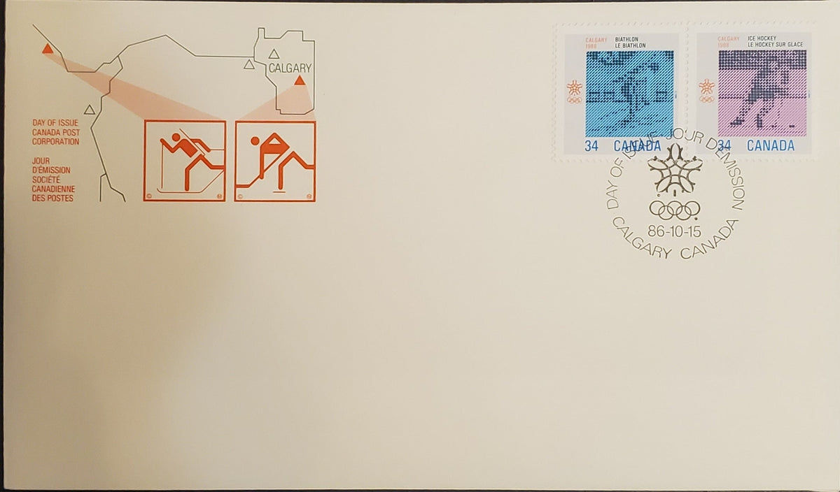 Lot 236 Canada #1112a 34c Multicoloured Biathalon & Ice Hockey, 1986 Calgary Olympics Issue, 1 VF Official Canada Post FDC With 3 Red Dots Under "A" of "Canada", DF Rolland Paper, DF Envelope