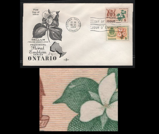 Canada #418var, 419 5c Multicoloured White Trillium - White Garden Lily, 1964-1966 Emblems Issue, A VF First Day Cover With RoseCraft Cachet, Showing Constant Or Tertiary "Blemish On Leaf" Variety, Unaddressed, Unlisted In Unitrade