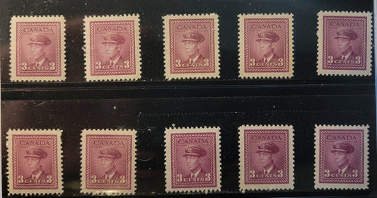 Lot 378 Canada SC#252 3c Rosy Purple, Light Rosy Purple King George VI, 1942-1949 War Issue, 10 VFNH Singles On Papers CBN-GGGGGGG, CBN-YYYYY and CBN-ZZZZZZ, Various Perfs