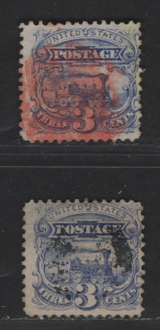 Lot 379 United States Of America #114 3c Bright Ultramarine & Deep Ultramarine Locomotive, 1869 Pictorial Issue,  Fine & VG Used Singles With Black & Red Cancels