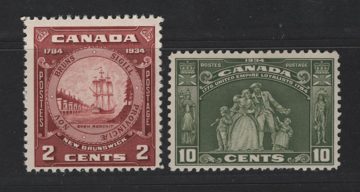 Canada #209-210 2c, 10c Red Brown & Olive Green Loyalists Statue & NB Seal, 1934 United Empire Loyalists & 150th Anniversary Of Founding Of New Brunswick Issues, 2 Fine OG Singles