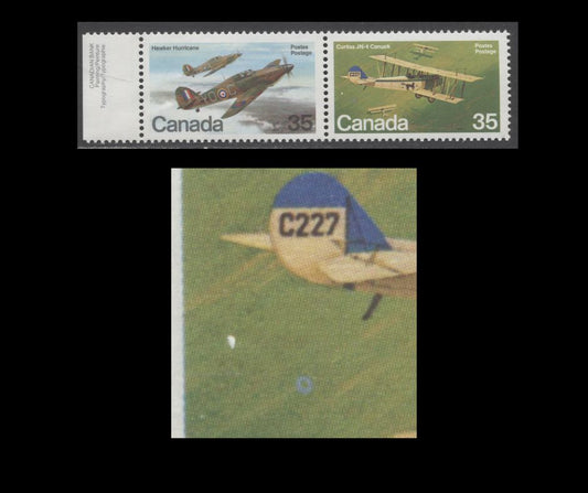 Lot 379 Canada #876a 17c Multicoloured Curtiss JN-4 Canuck, Hawker Hurricane, 1980 Military Aircraft Issue, A VFNH Horizontal Se-Tenant Pair, Blue Spot Under Tail of Plane (Pos. 7), LF3/LF3 Paper, Possibly Tertiary