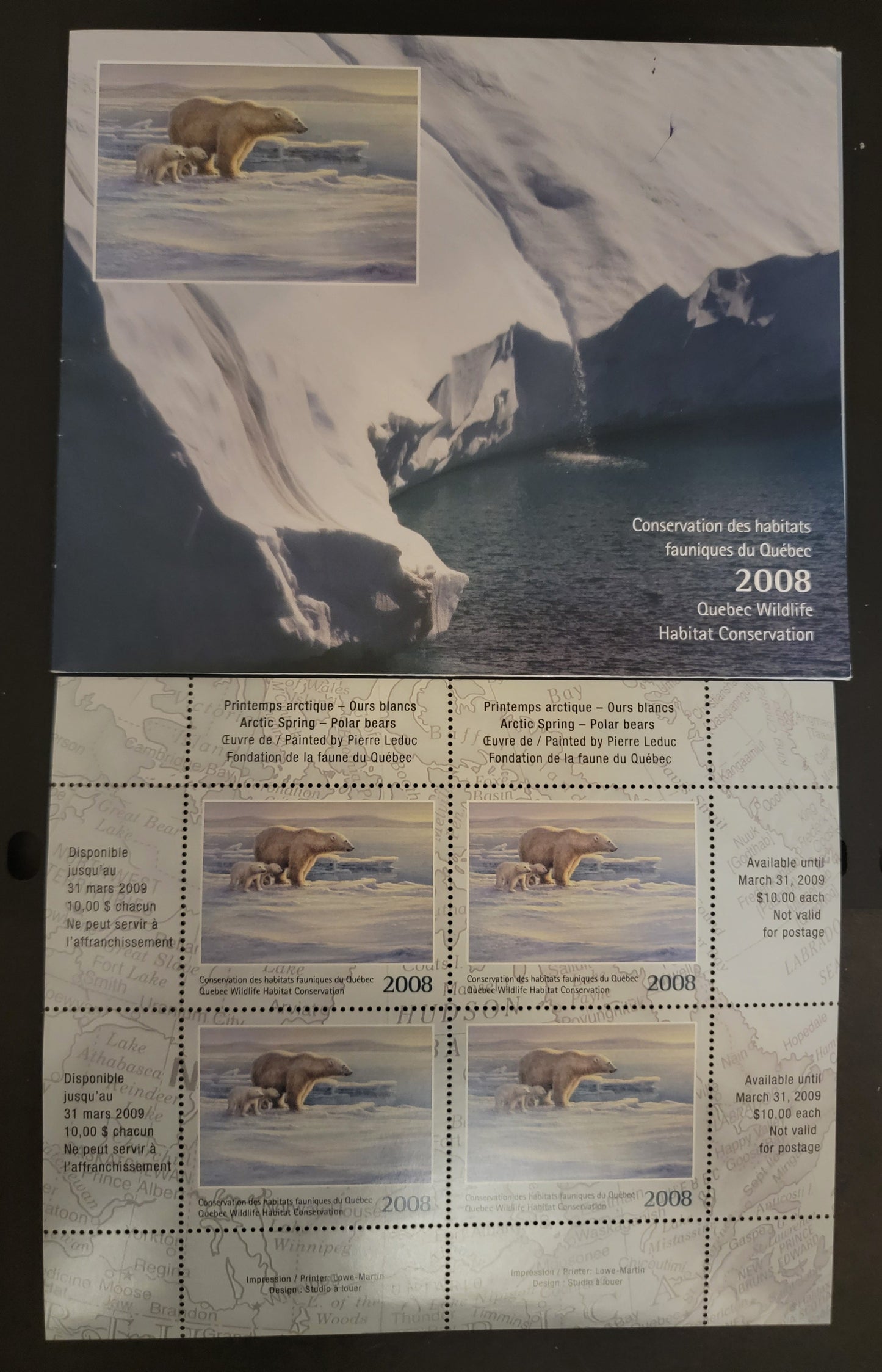 Lot 379 Canada - Province of Quebec #QW21a  Multicoloured Polar Bears, 2008 Quebec Wildlife Habitat Conservation Issue, A VFNH Miniature Sheet Of 4 On LF Paper