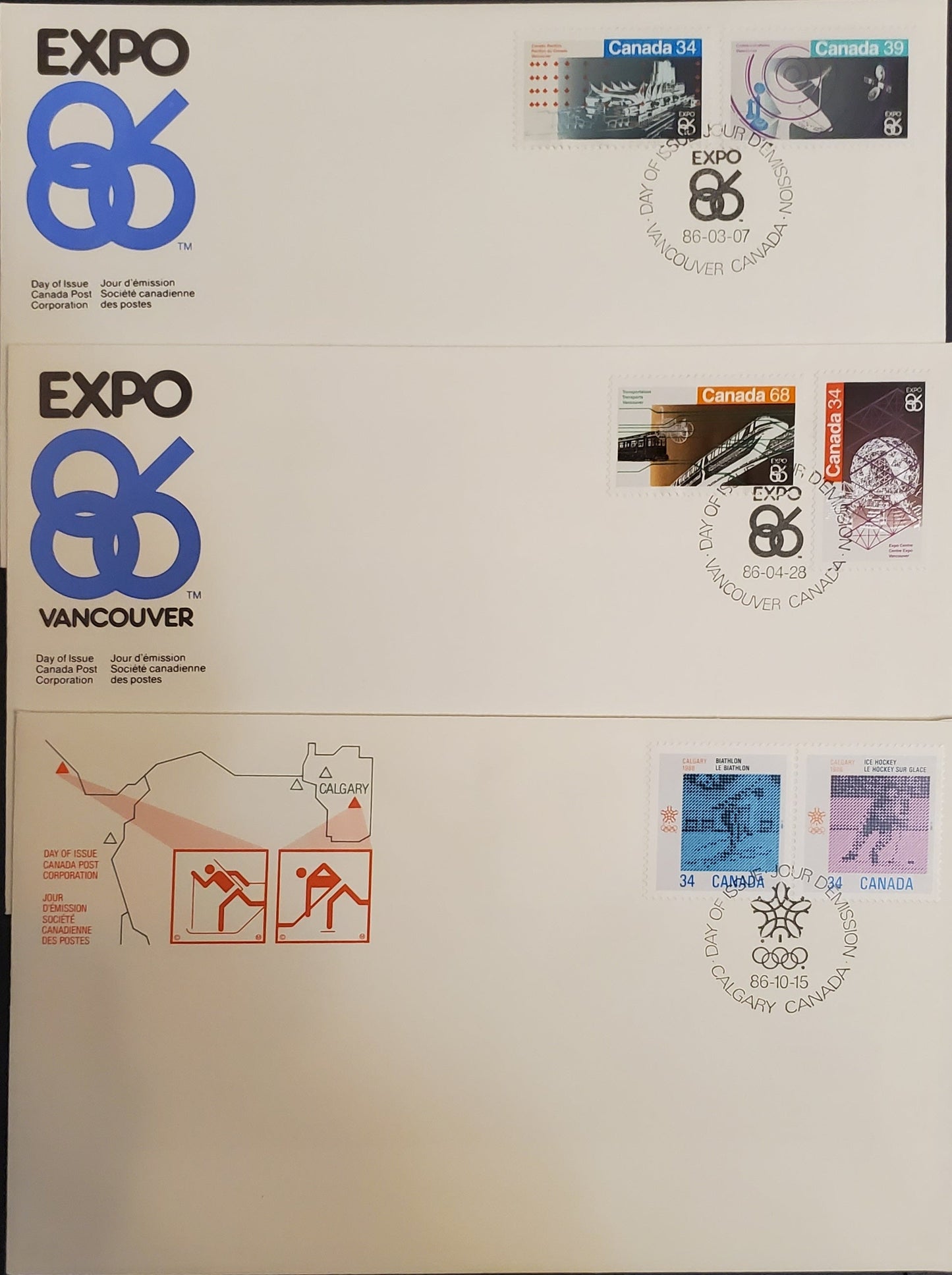 Canada #1078-1079, 1092-1093, 1112a 34c 39c 68c Multicoloured Various Subjects, 1986 Calgary Olympics Issues, 3 VF Official Canada Post FDC's Franked With Sets, DF Envelopes