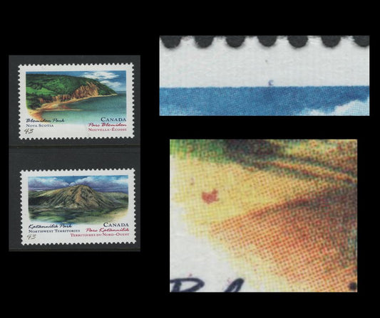 Canada #1482var, 1483var 43c Blomidon Park & Katannilik Park, 1993 Canada Day Issue, 2 VFNH Singles On NF/DF1 Coated Papers Paper, Showing The "Red Blanket On Beach" & "Blue Spur In Top Margin", Varieties, Possibly Constant Or Tertiary