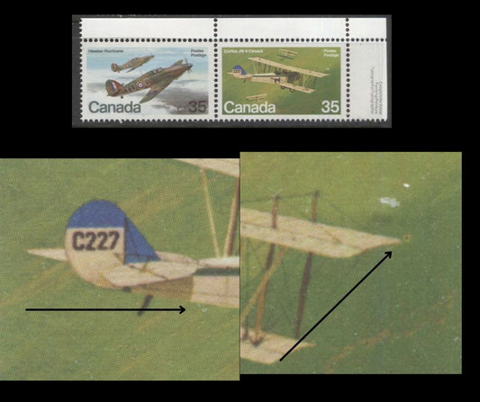 Lot 379A Canada #876a 17c Multicoloured Curtiss JN-4 Canuck, Hawker Hurricane, 1980 Military Aircraft Issue, A VFNH Horizontal Se-Tenant Pair, Donut Flaw To Right Of Wing Tip (Pos. 5), LF3/LF3 Paper, Possibly Tertiary