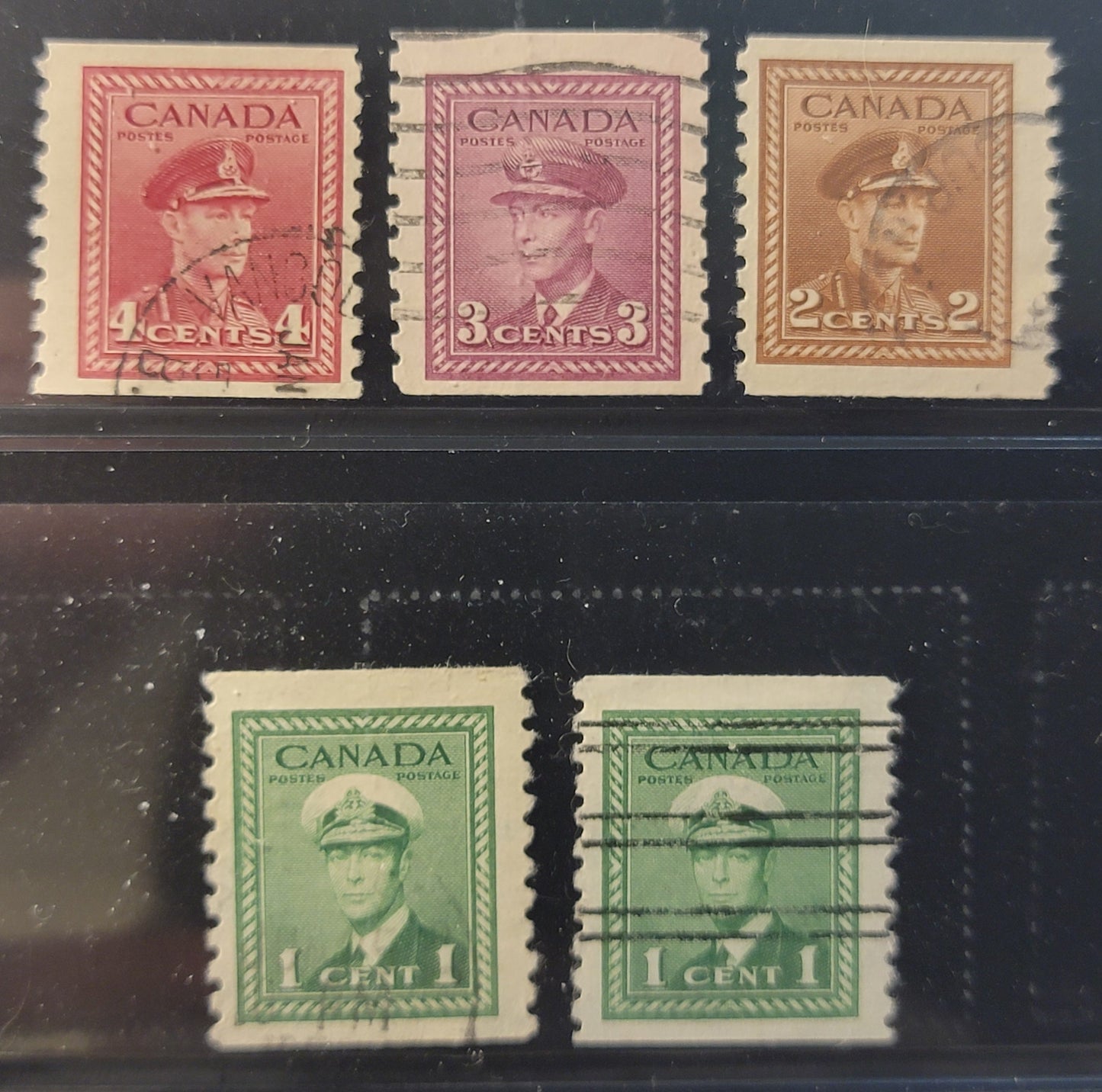 Lot 379 Canada #278,xx, 279-281 1c-4c Green - Carmine, 1948 KGVI War Issue Coils, 6 Fine Used Coil Singles, Unchecked As to Specific Paper Types, Perf 9.5 Vertical