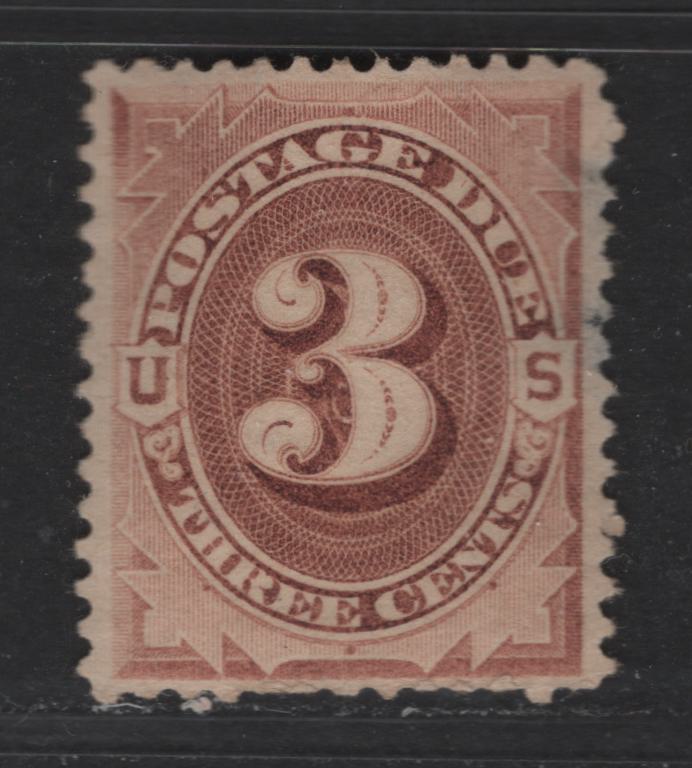 Lot 380 United States Of America #J3 3c Brown Violet Numeral On Engine Turned Background, 1879-1883 First Postage Due Issue, A Good OG Single VF Centering, But Short Perfs And A Deep Thin, Still Presentable