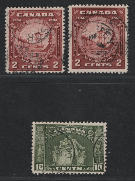 Canada #209-210 2c, 10c Red Brown, Brown Red & Olive Green Loyalists Statue & NB Seal, 1934 United Empire Loyalists & 150th Anniversary Of Founding Of NB Issues, 3 VF Used Singles Two Different Shades Of The 2c