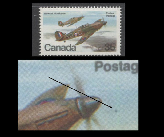 Lot 380 Canada #876 17c Multicoloured Hawker Hurricane, 1980 Military Aircraft Issue, A VFNH Single, Dot In Front Of Plane's Nose, DF2/LF3 Paper, Possibly Constant or Tertiary