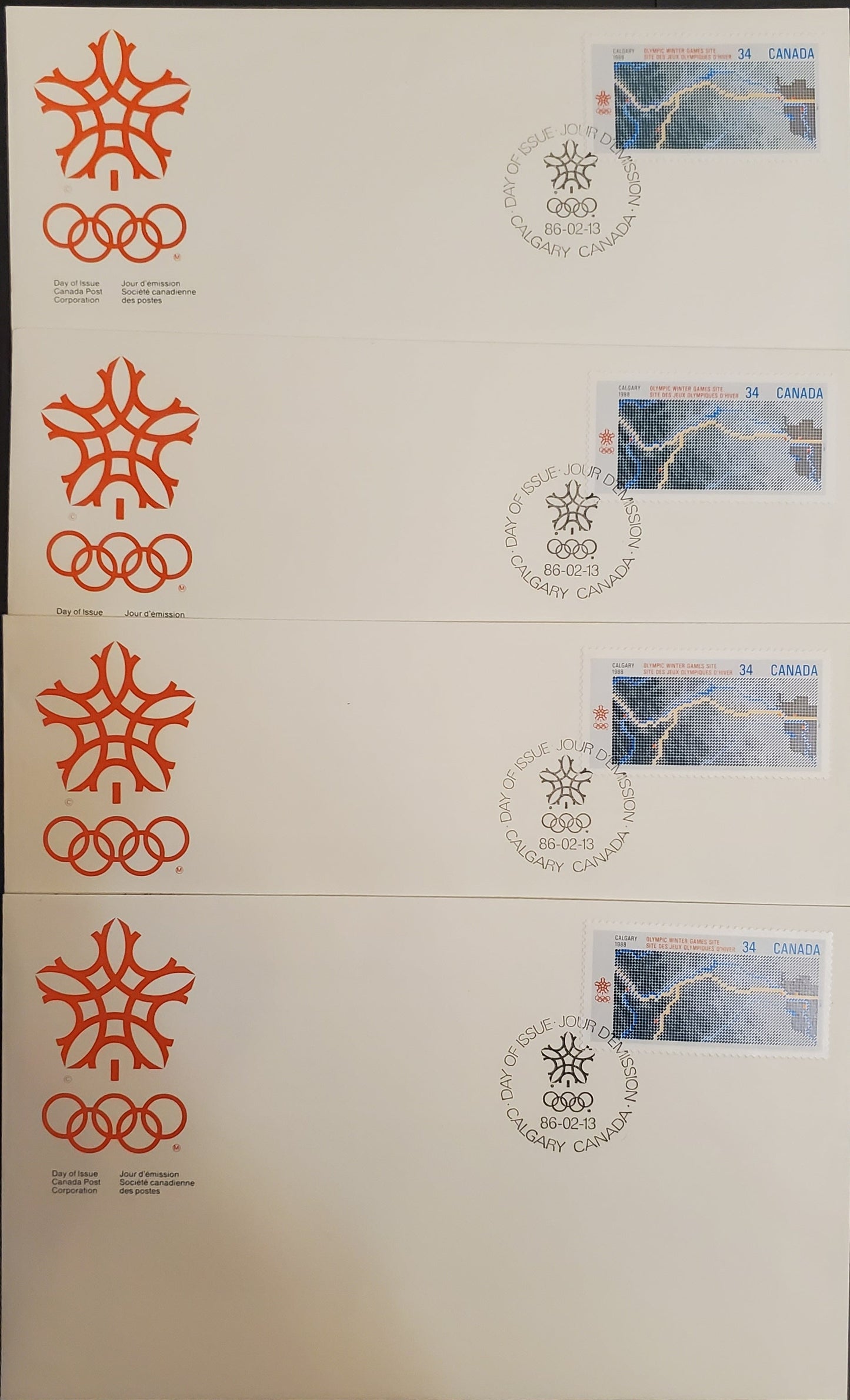 Canada #1077, 1077i 34c Multicoloured Various Subjects, 1986 Calgary Olympics Issues, 4 VF Official Canada Post FDC's DF/LF, LF/DF, MF/LF & HF/HF Rolland Papers, LF-F Envelopes