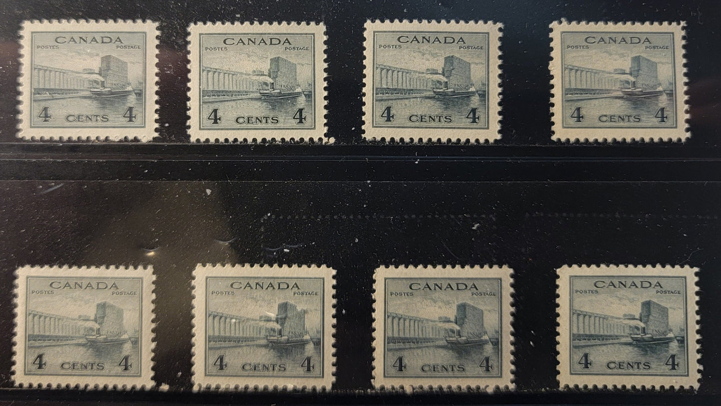 Lot 380 Canada SC#253 4c Deep Slate & Slate King George VI, 1942-1949 War Issue, 8 VFNH Singles On Papers CBN-ZZZZZZ and CBN-IIIIIII, Various Perfs