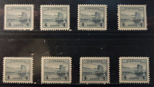 Lot 380 Canada SC#253 4c Deep Slate & Slate King George VI, 1942-1949 War Issue, 8 VFNH Singles On Papers CBN-ZZZZZZ and CBN-IIIIIII, Various Perfs