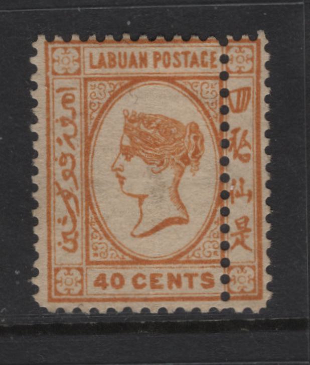 Lot 381 Labuan  (C) SG#47var 40c Ochre Queen Victoria, 1892-1893 Engraved Queen Victoria Issue, A FOG Single, Unwatermarked, Additional Column Of Vertical Perforations, Unlisted In Gibbons.