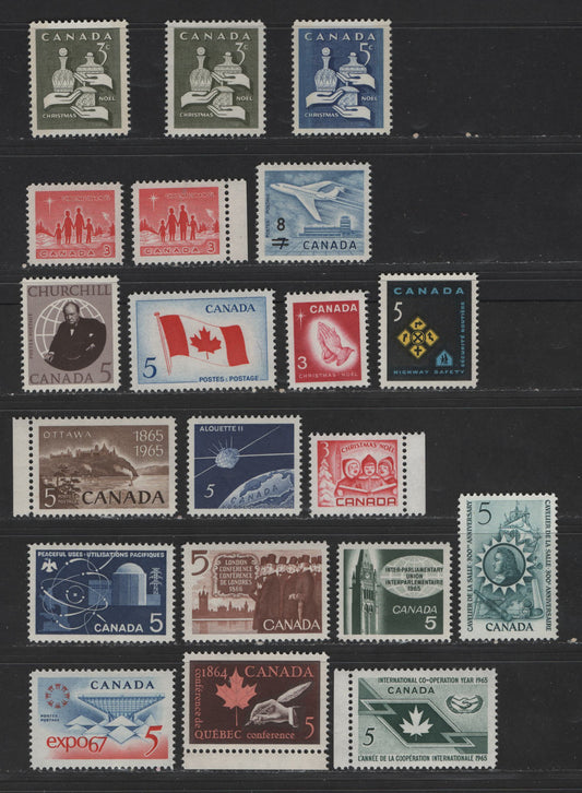 Canada #430/469 3c-5c Blue - Blue & Red Jet Plane - Children Carolling, 1964-1967 Cameo - Christmas Issues, 20 VFNH Singles Including Several Listed & Unlisted LF-fl Paper Varieties