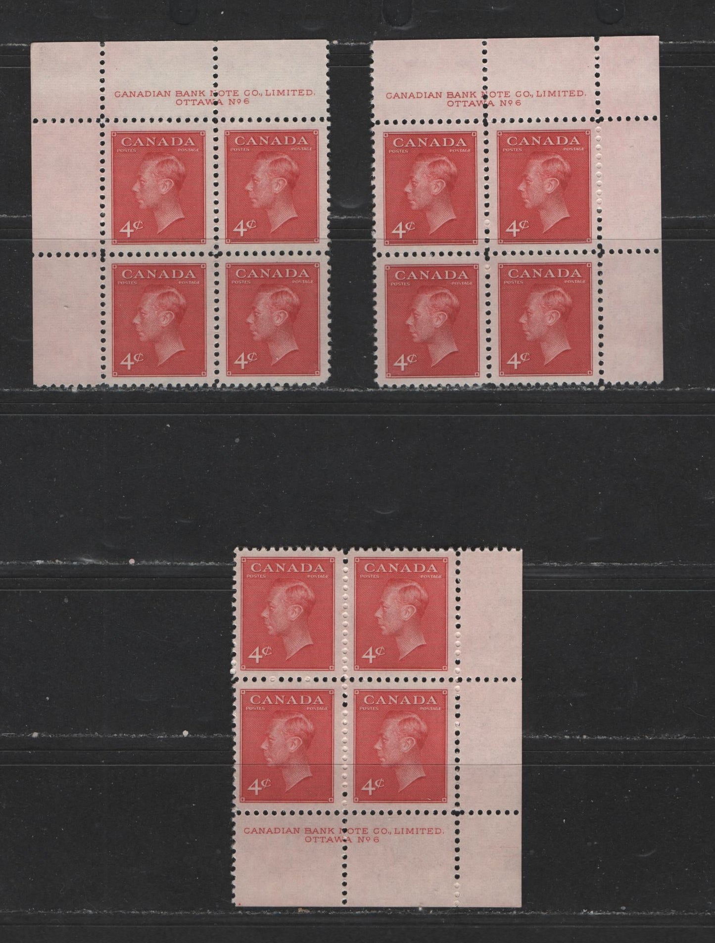 Lot 125 Canada #287 4c Carmine King George VI, 1949-1952 Postes-Postage Issue, 3 VFNH LR, UR, UL Plate Blocks Plate 6