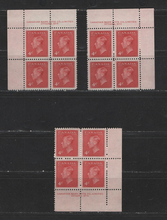 Lot 125 Canada #287 4c Carmine King George VI, 1949-1952 Postes-Postage Issue, 3 VFNH LR, UR, UL Plate Blocks Plate 6
