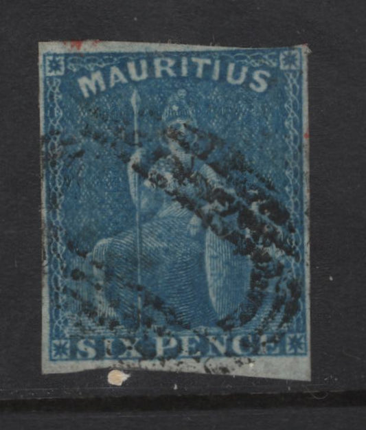 Lot 383 Mauritius (C)  SG#32 6d Blue Britannia, 1859-1861 Imperf Britannia Issue, A Fine Used Single, Unwatermarked, White Paper, Margins Full At Bottom & Most Of The Top Except Top Right Where They Are Just Clear, Side Margins Are Clear But Narrow.