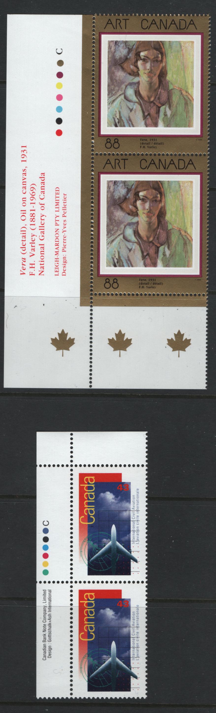 Canada #1516, 1528 43c, 88c Multicoloured Vera & Jet Aircraft, 1994 Art Canada I& International Civil Aviation Issues, 2 VFNH Inscription Pairs On NF/DF2 Coated Papers Paper
