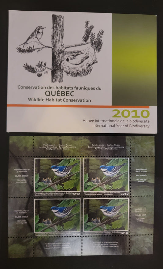 Lot 383 Canada - Province of Quebec #QW23a  Multicoloured Cerulean Warbler, 2010 Quebec Wildlife Habitat Conservation Issue, A VFNH Miniature Sheet Of 1 On LF Paper