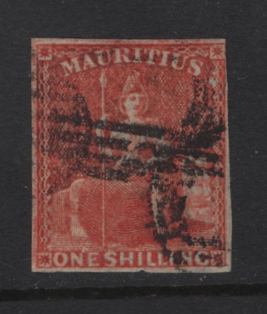 Lot 384 Mauritius (C)  SG#34 1/- Vermillion Britannia, 1859-1861 Imperf Britannia Issue, A Very Good Used Single, Margins Are Clear But Close On All Sides Except UR Where It Just Touches Outer Frameline, Small Nick In Lower Margins